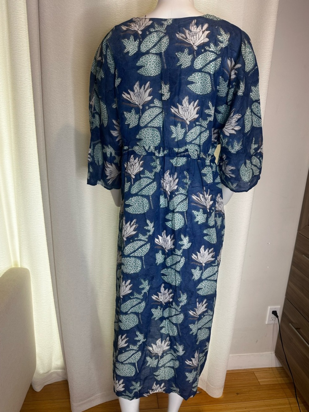 Anokhi Floral Organic Cotton Tunic in Teal & Navy w pockets OS - Picture 5 of 6